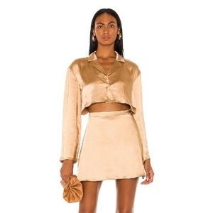 L’ Acadamie Sashie Satin Bronze Long Sleeve Mini Dress